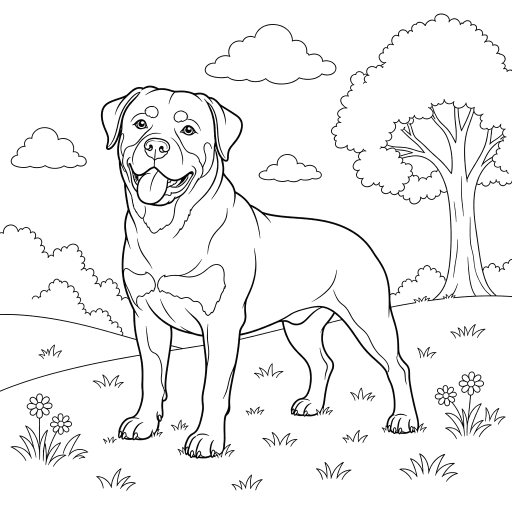 Rottweiler on a Green Hill coloring page