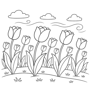 Rows of Tulips Swaying in a Spring Breeze – Coloring Page for Kids 6–8