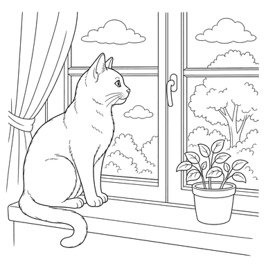 Russian Blue Cat at Window Coloring Page