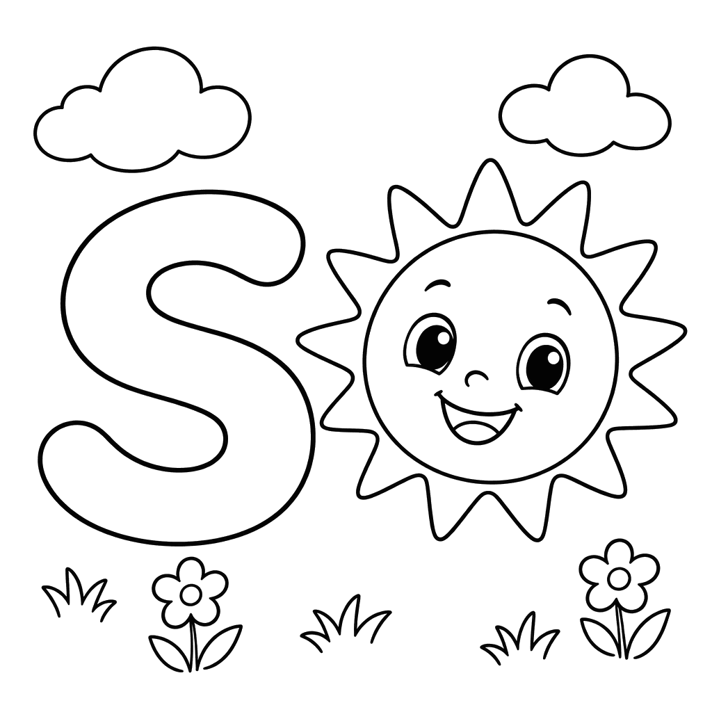 Letter S and Smiling Sun Coloring Page