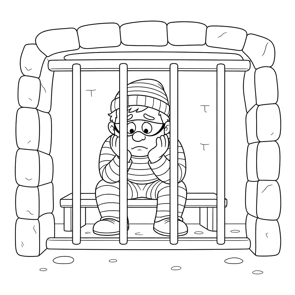 Sad Robber Behind Bars Coloring Page