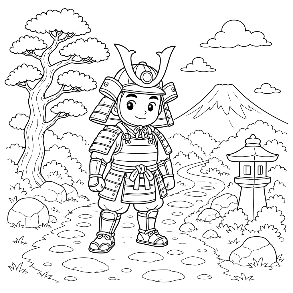 Samurai in Armor on a Path — Coloring Page