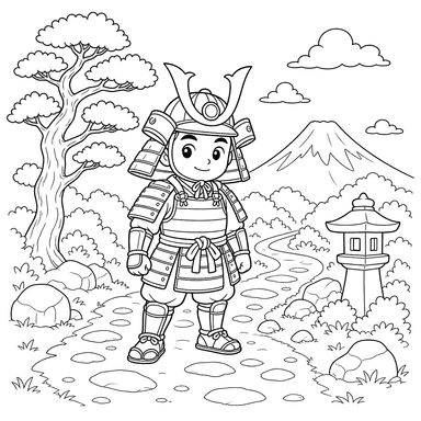 Samurai in Armor on a Path — Coloring Page