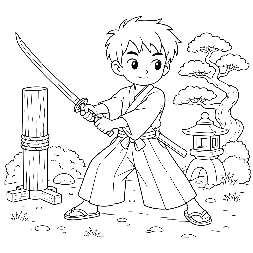 Samurai Training with Katana Coloring Page