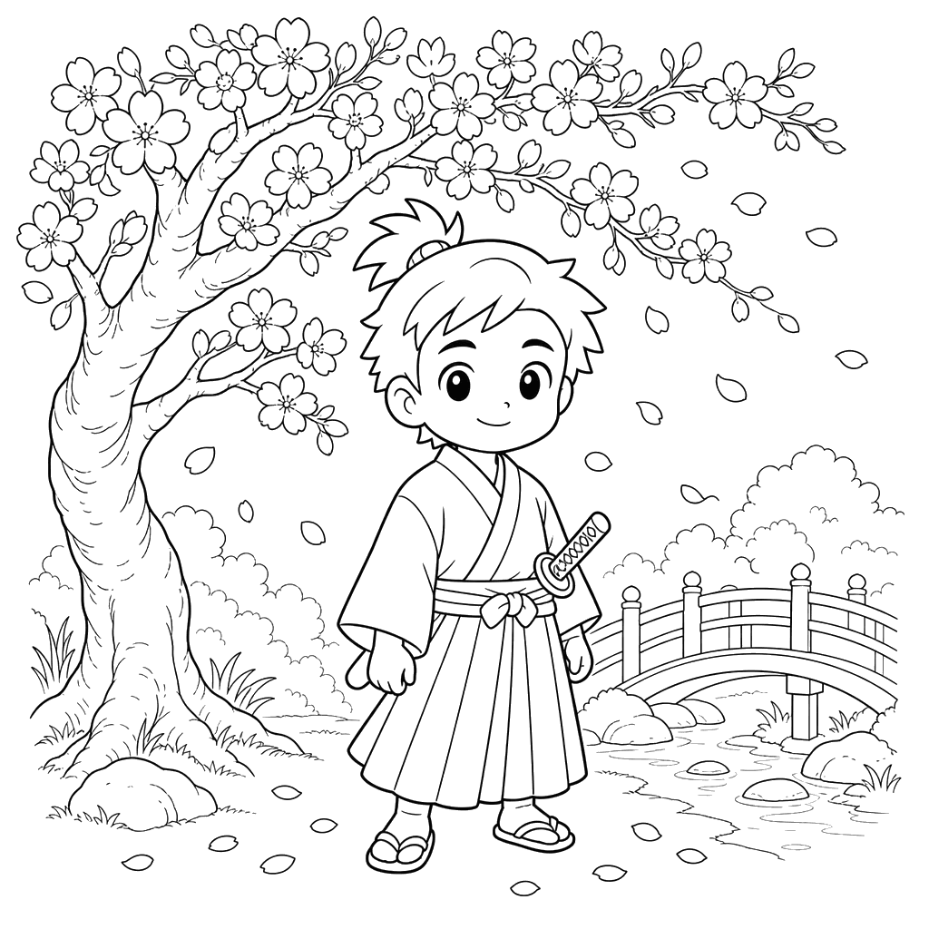 Samurai under a cherry blossom tree — coloring page