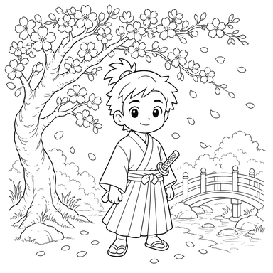 Samurai under a cherry blossom tree — coloring page