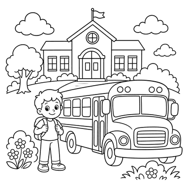 School and School Bus Coloring Page