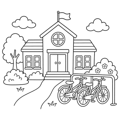 School next to Bicycle Parking — Coloring Page