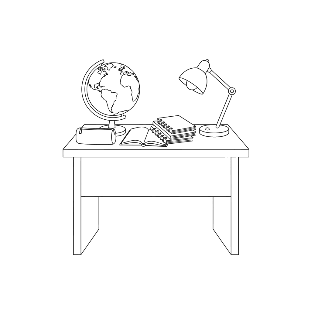 School Desk with Globe and Books Coloring Page