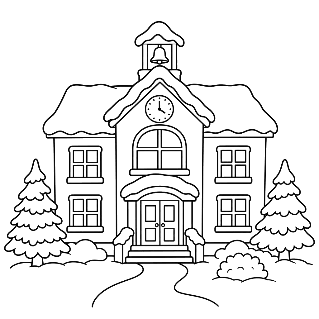 Winter School with Snowy Roof
