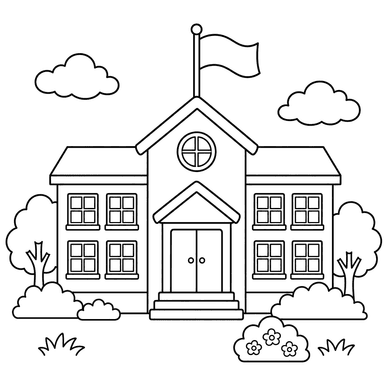 School with flag coloring page