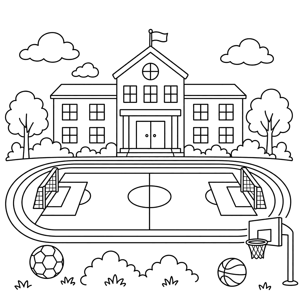 School with Sports Field Coloring Page