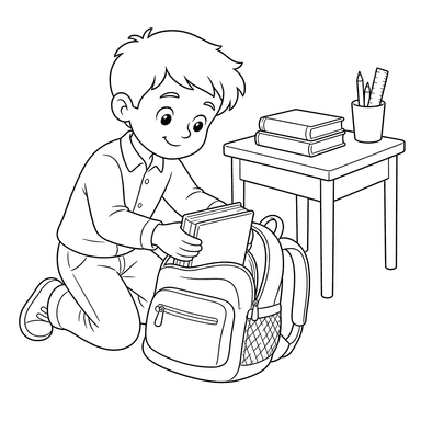 Schoolboy Putting Textbooks in a Backpack Coloring Page