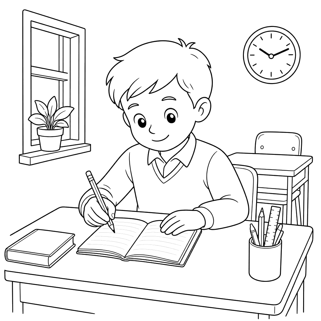Schoolboy Writing in a Notebook — Coloring Page