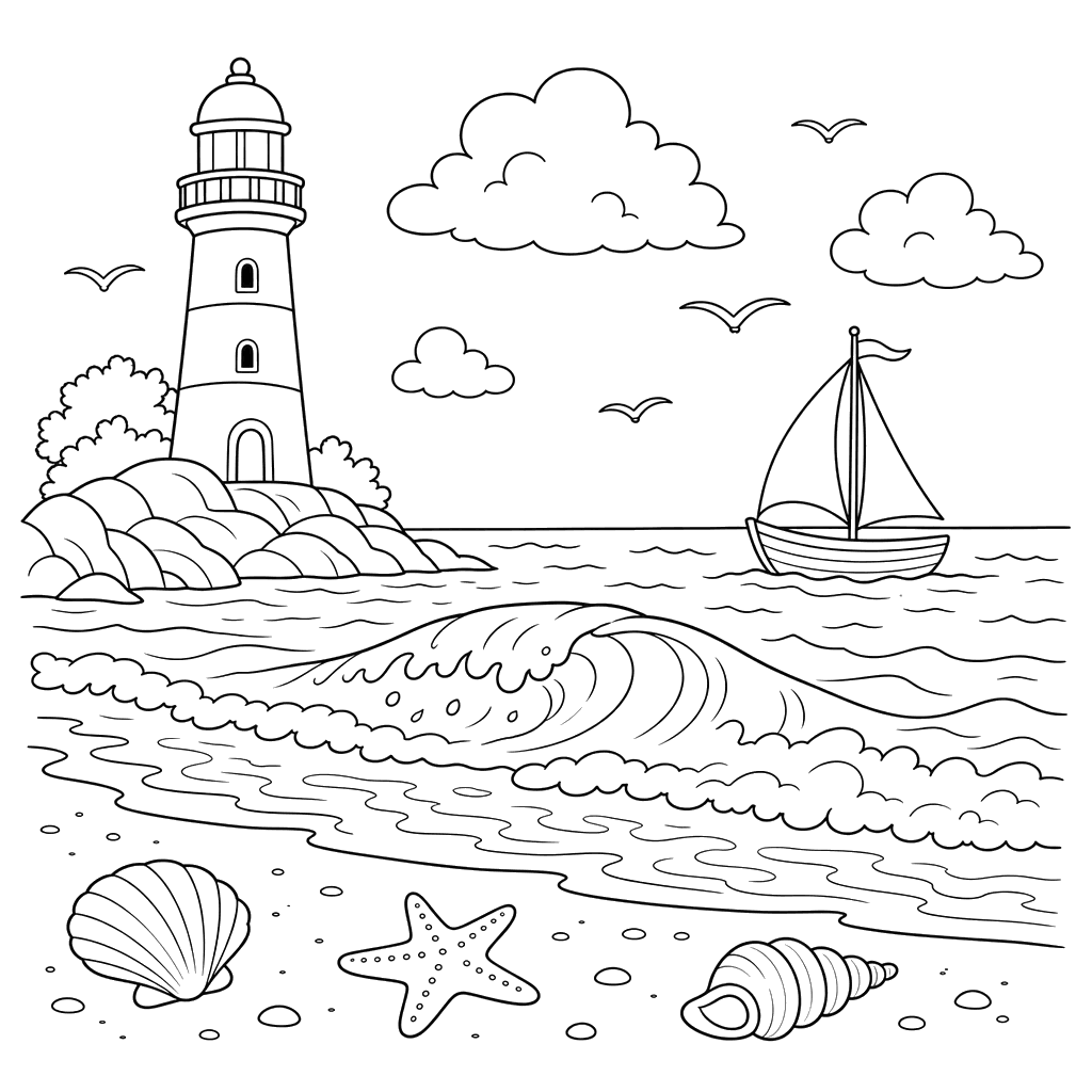 Sea Landscape with Waves Coloring Page