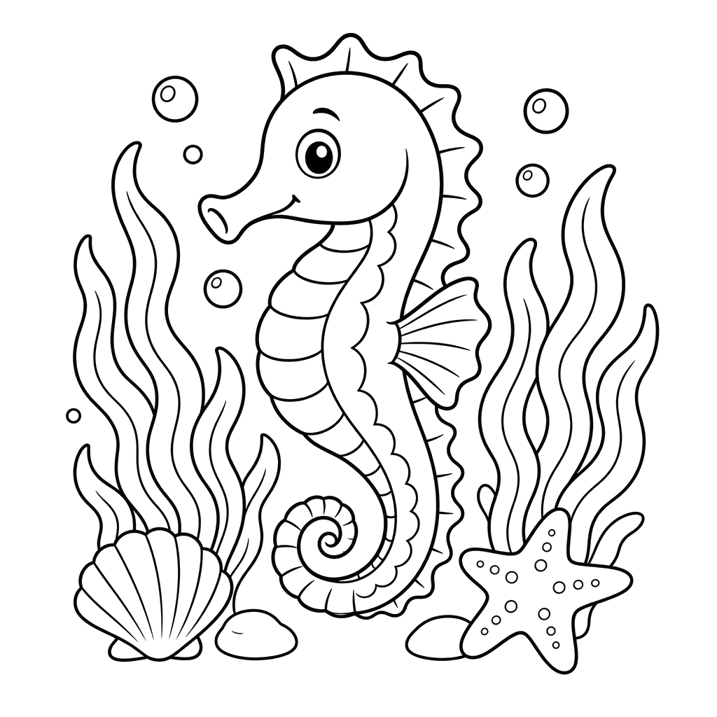 Seahorse among Seaweed coloring page