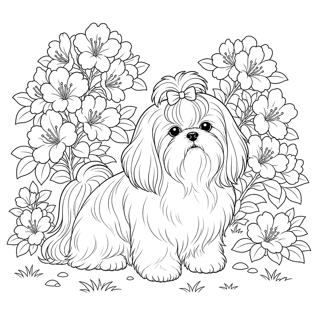 Shih Tzu among Flowering Bushes
