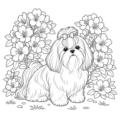 Shih Tzu among Flowering Bushes