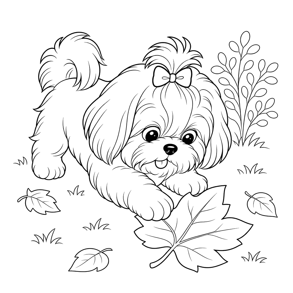 Shih Tzu Playing with a Leaf — Coloring Page