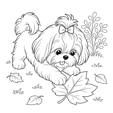 Shih Tzu Playing with a Leaf — Coloring Page