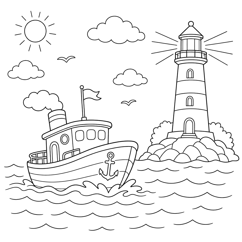 Ship Sailing to Lighthouse