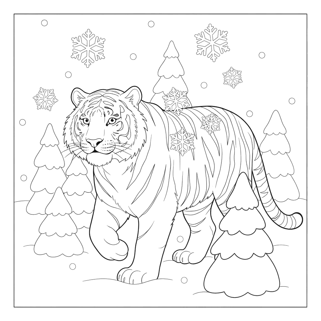 Siberian Tiger in Snowy Forest Coloring Page