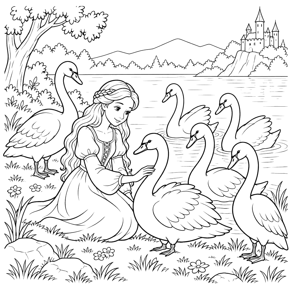 Six Swans at the Lake Coloring Page