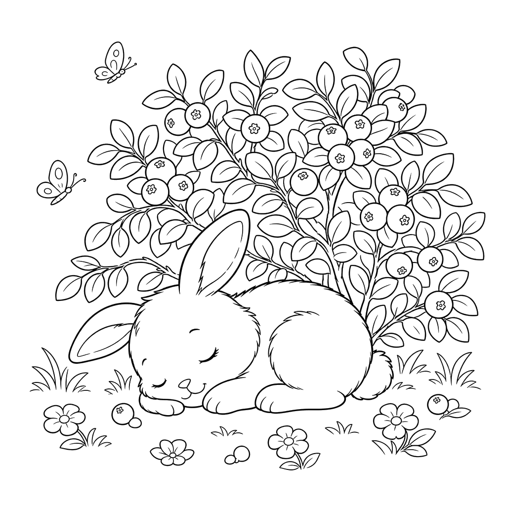 Sleeping Baby Bunny under Blueberry Bush