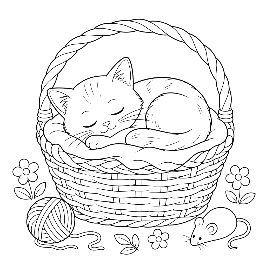 Sleeping Cat in a Basket Coloring Page