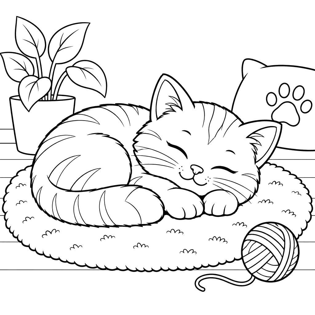 Sleeping Cat on a Warm Rug Coloring Page