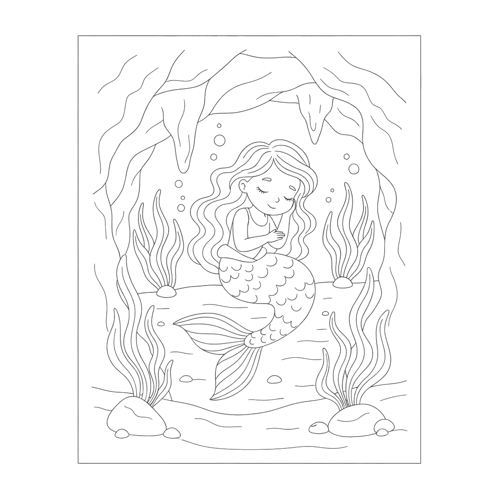 Sleeping Mermaid in a Cozy Cave Coloring Page