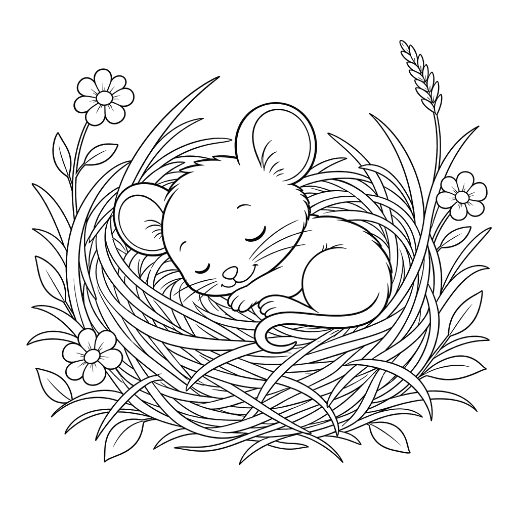 Sleeping Little Mouse in a Grass Nest