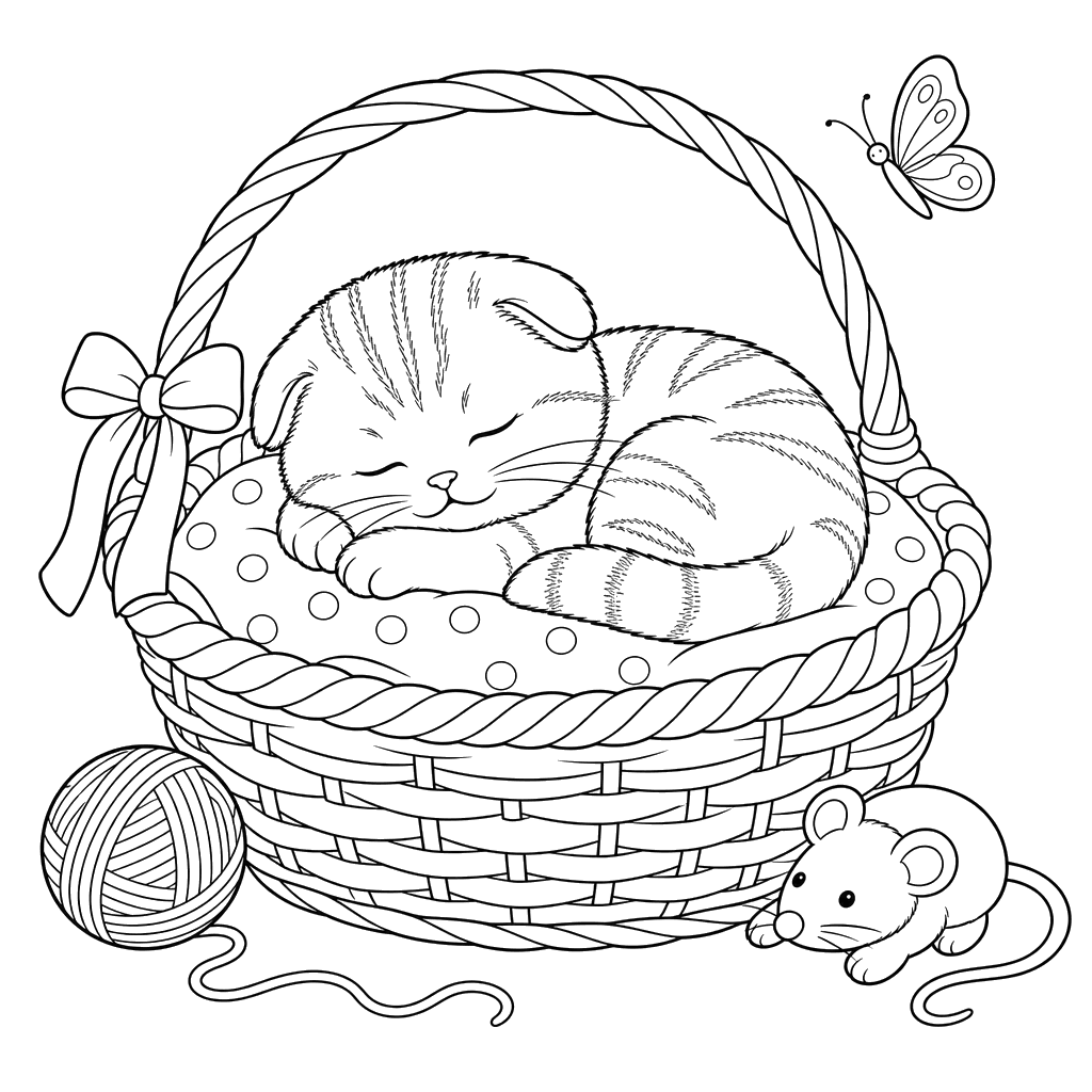 Sleeping Scottish Fold Kitten in a Basket