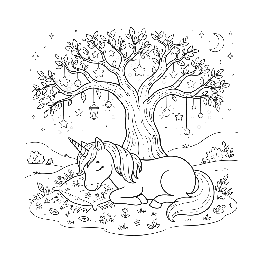 Sleeping Unicorn Under a Glowing Tree Coloring Page