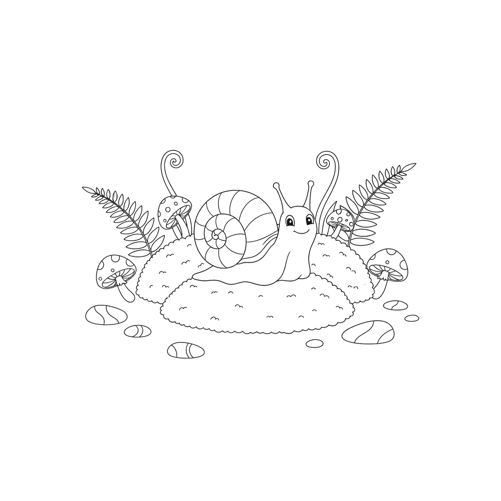 Snail Among Moss Coloring Page for Kids