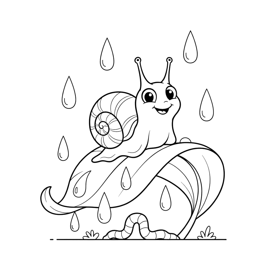 Snail on a Rainy Leaf Coloring Page