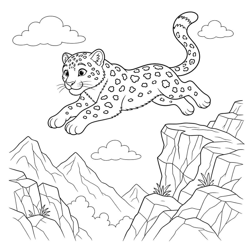 Snow Leopard Jumping on Rocks Coloring Page