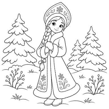 Snow Maiden in a Forest Clearing Coloring Page