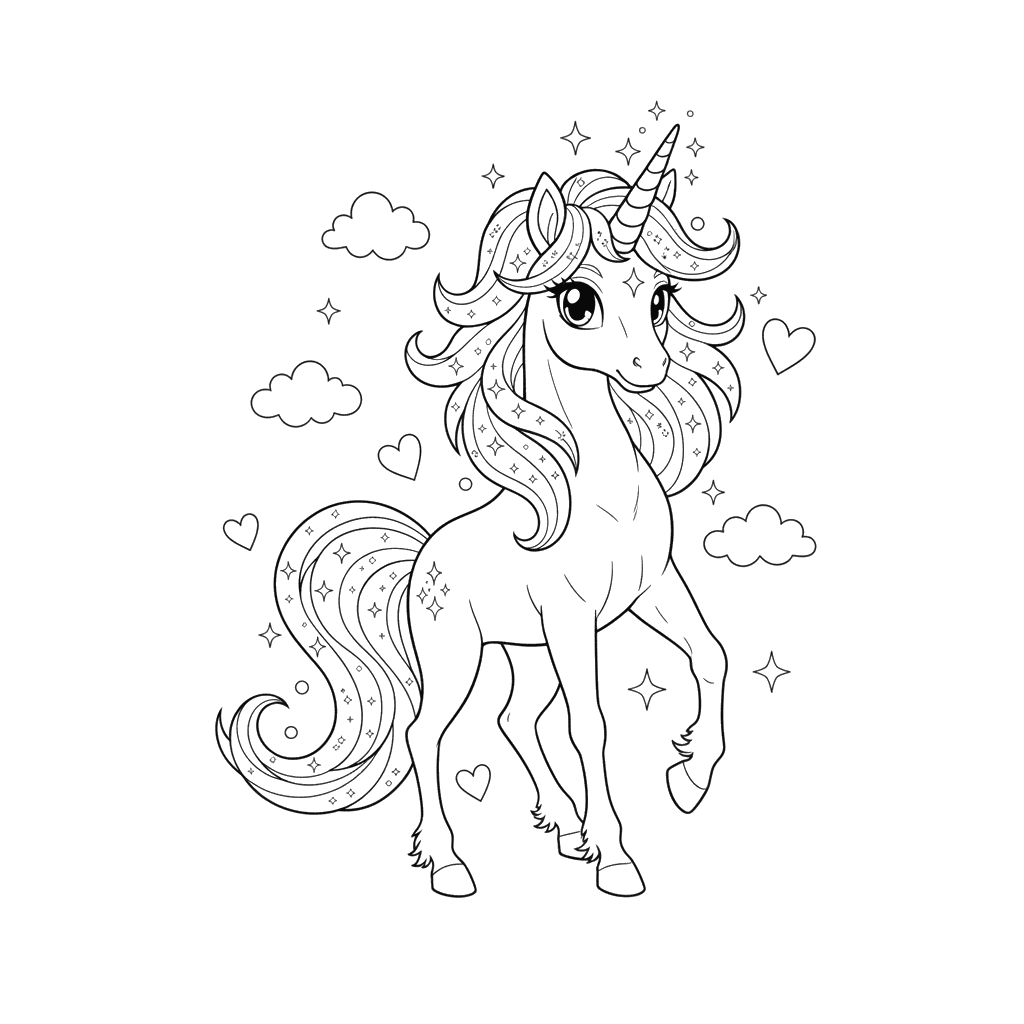 Sparkling Mane Unicorn Coloring Page