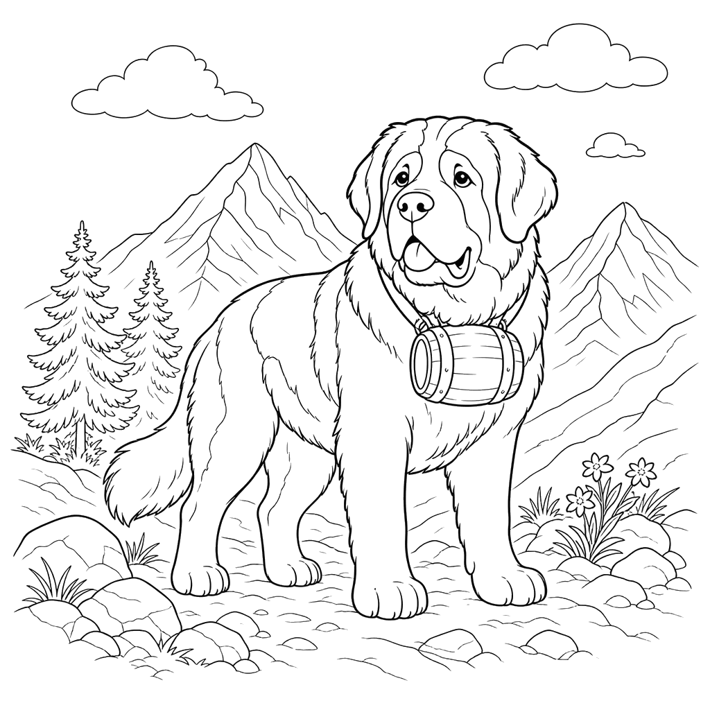 St. Bernard Dog in the Mountains Coloring Page