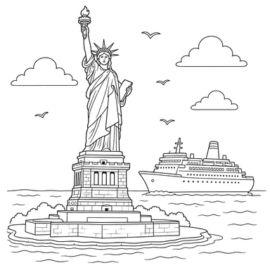 Statue of Liberty and Ship Coloring Page