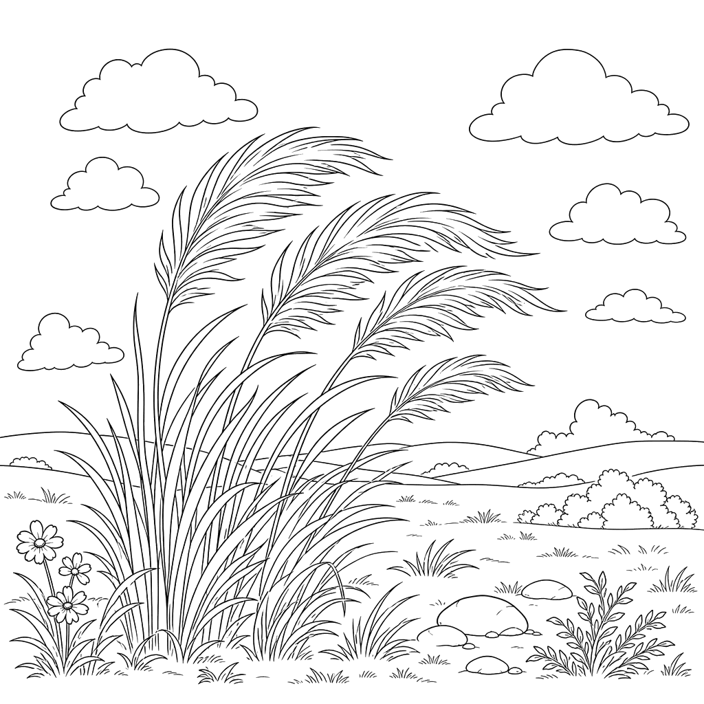 Steppe Landscape with Feather Grass Coloring Page