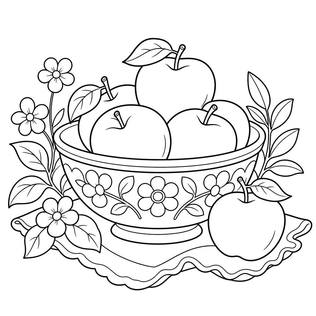 Still life: Bowl with apples coloring page