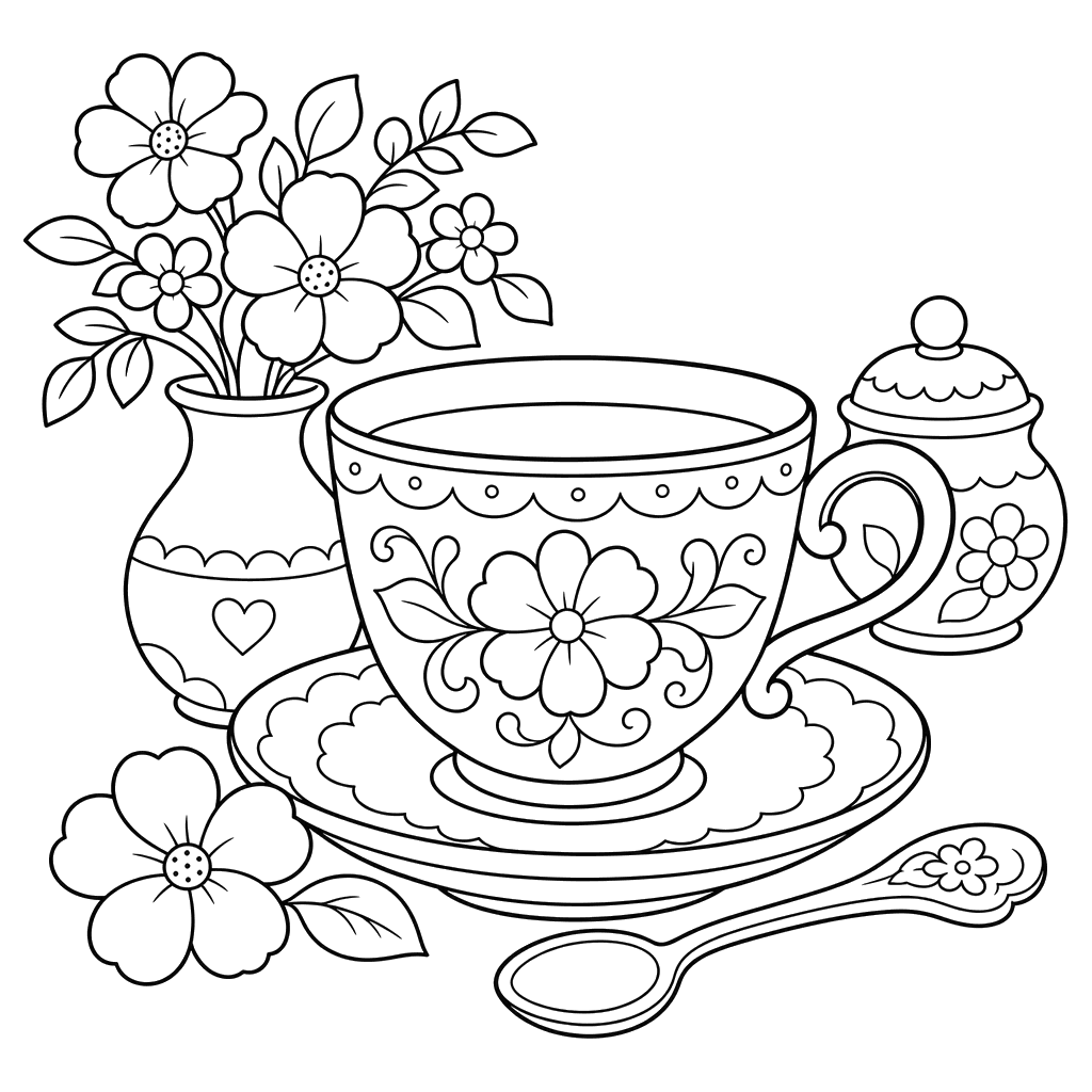 Still life with cup and saucer coloring page