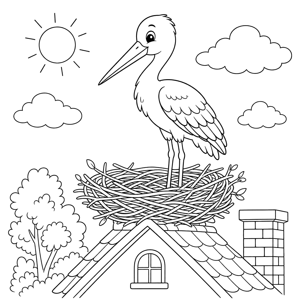 Stork in Nest on the Roof Coloring Page
