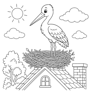 Stork in Nest on the Roof Coloring Page