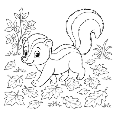 Striped Skunk on Leaves Coloring Page