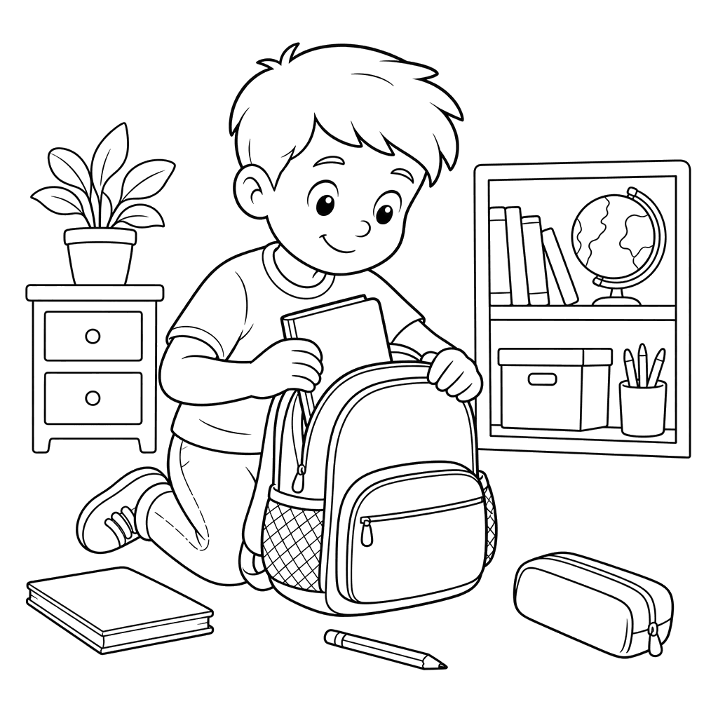 Student Packing a Backpack Coloring Page