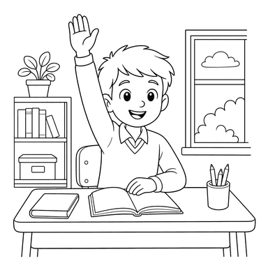 Coloring Page: Student Raising Hand in Class