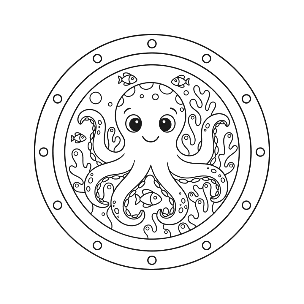 Submarine View Coloring Page: Octopus & Coral